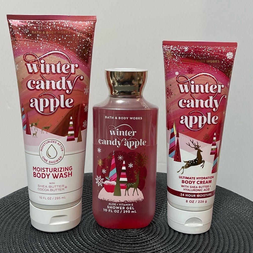 BBW Winter Candy Apple Body Wash, Shower Gel and Body Cream set of 3 NWT